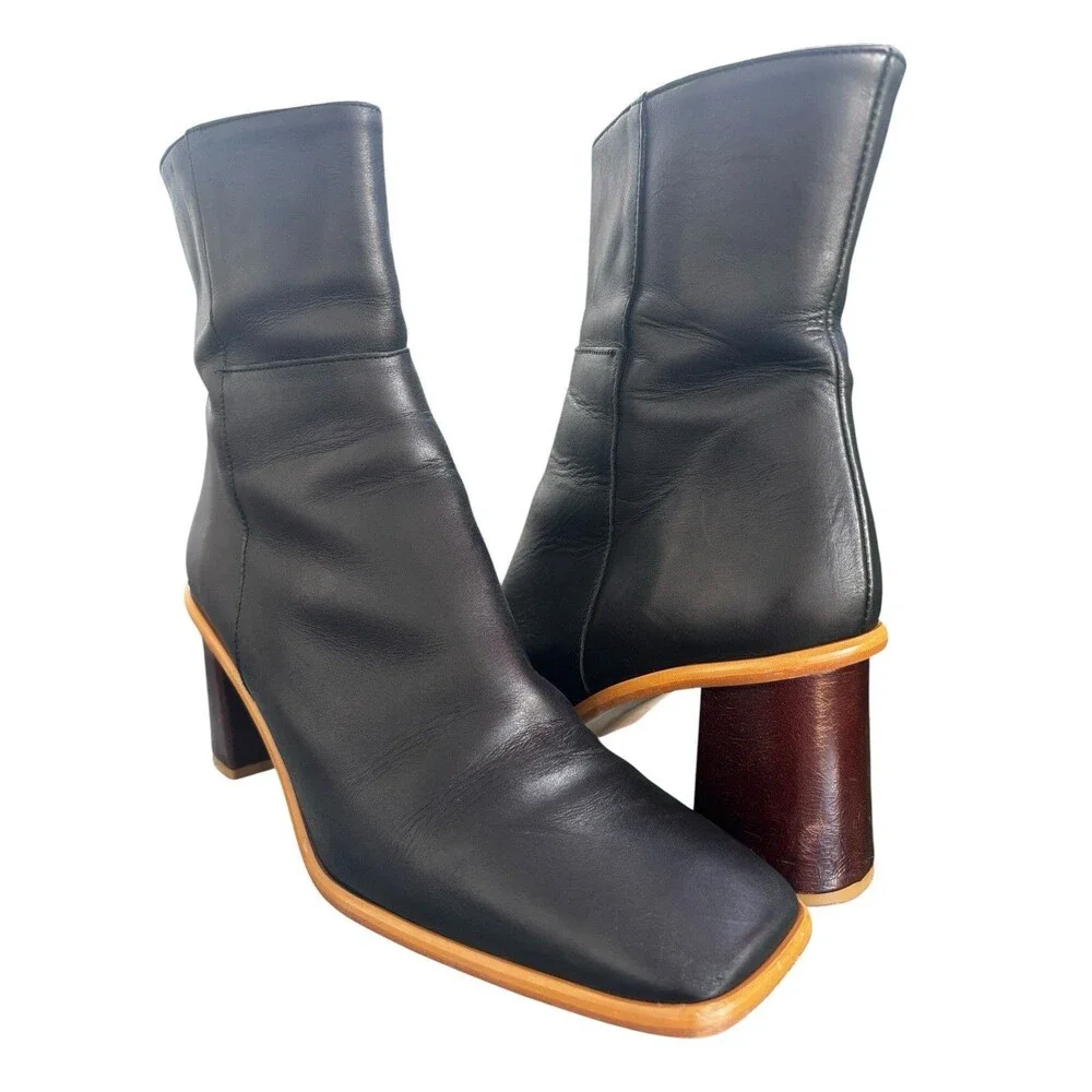 Alohas East Black Leather Square Toe Ankle Boots Wood Block Heel Spain SZ 10.5